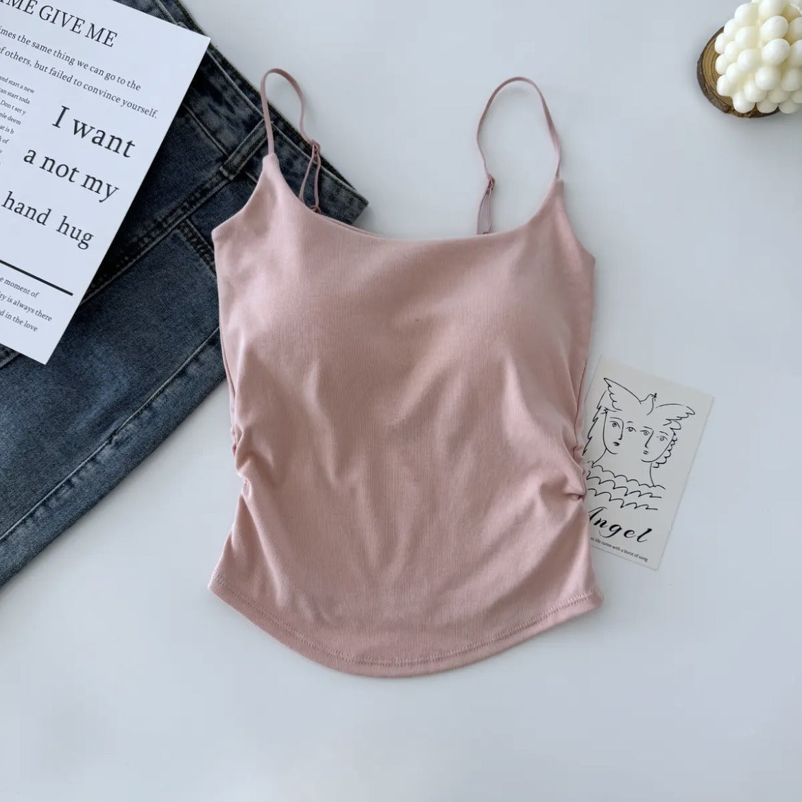 Cotton Lace-Up Back Camisole Top with Chestnut Pad