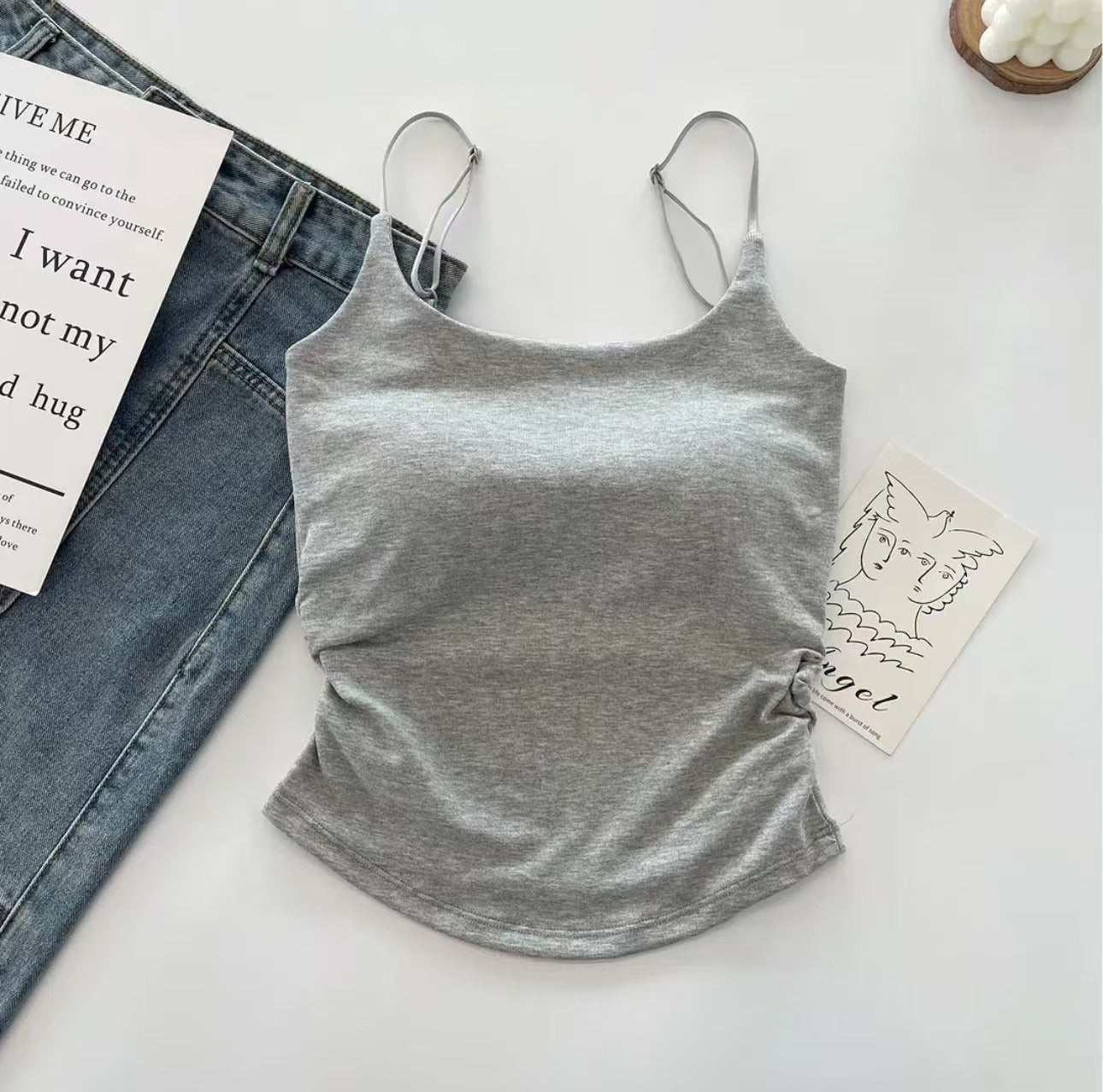 Cotton Lace-Up Back Camisole Top with Chestnut Pad
