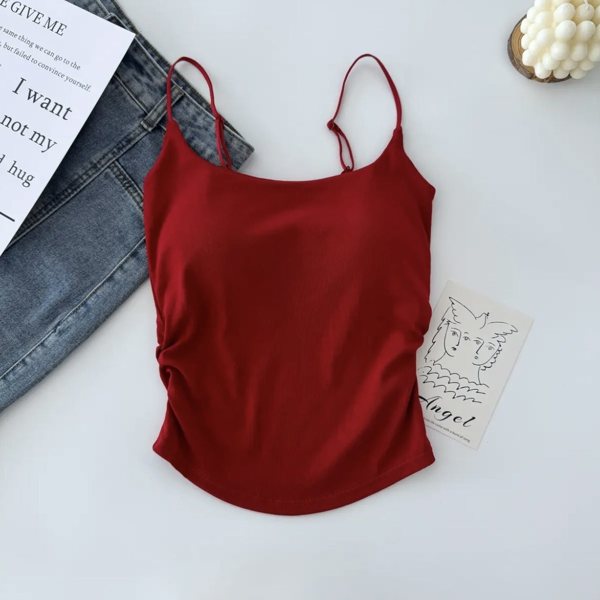 Cotton Lace-Up Back Camisole Top with Chestnut Pad
