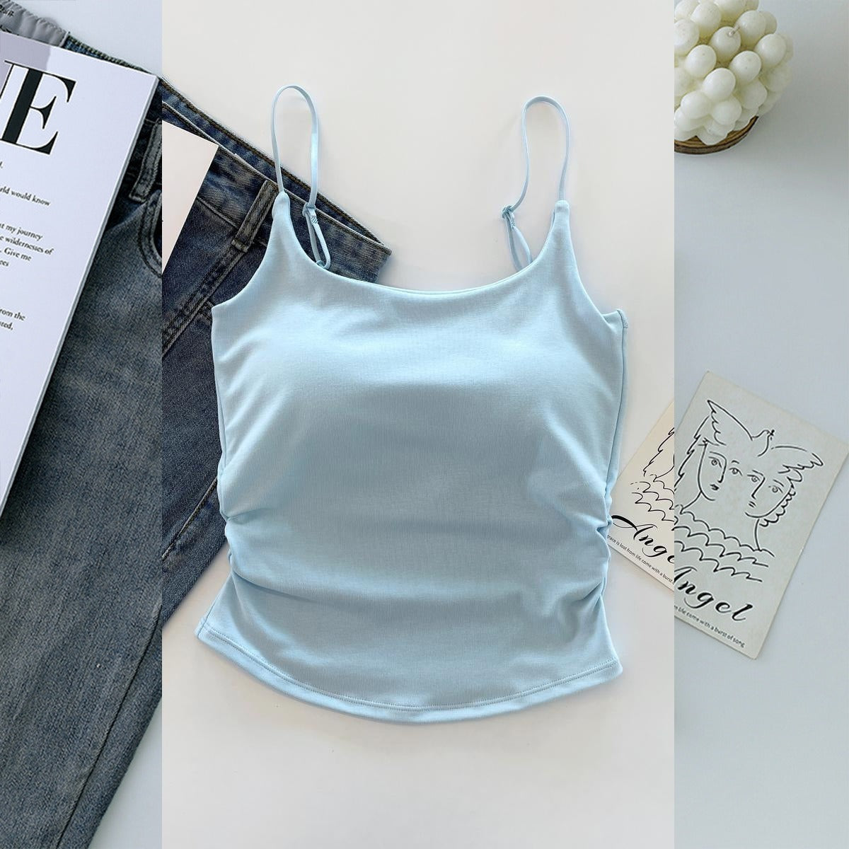 Cotton Lace-Up Back Camisole Top with Chestnut Pad